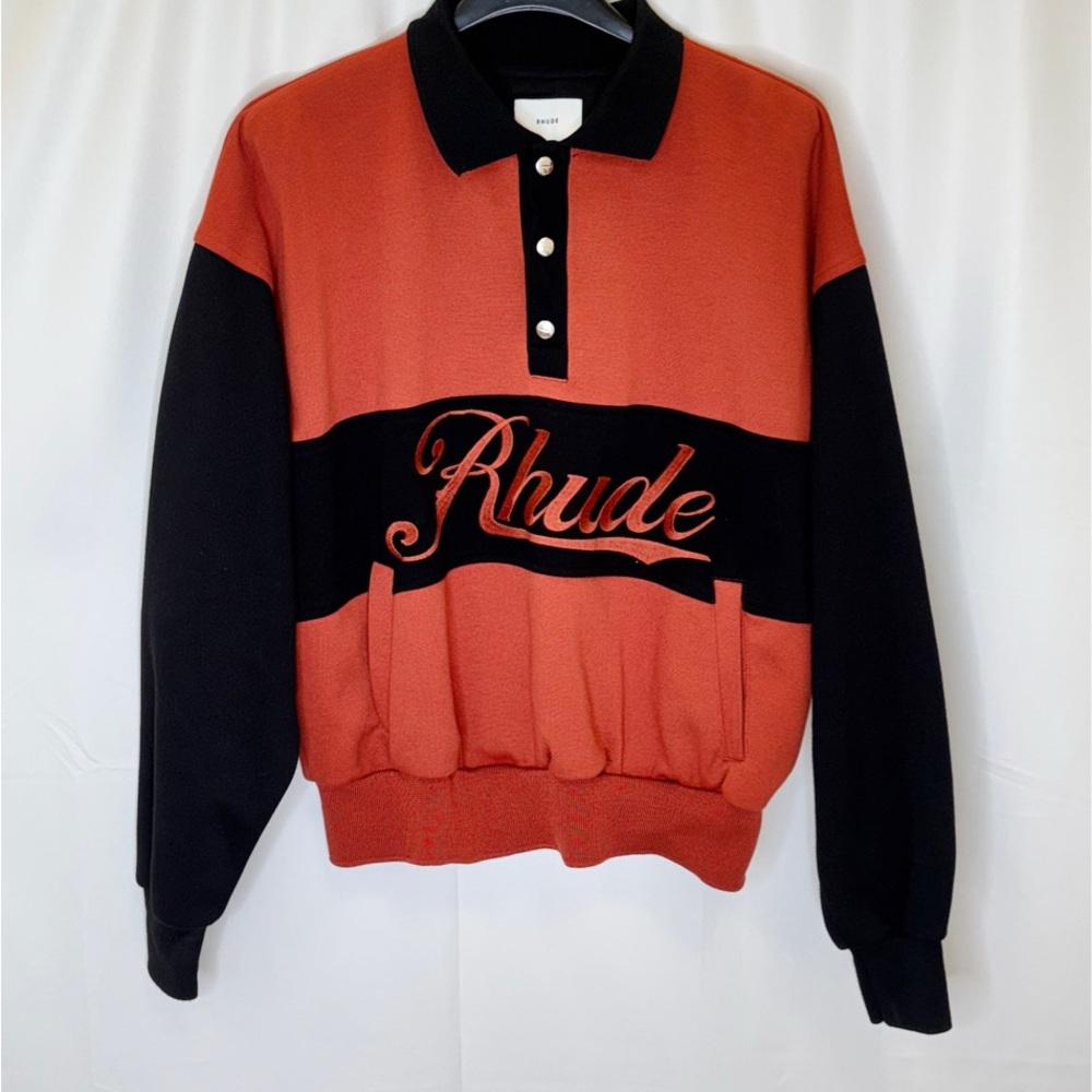 RHUDE POLO SWEATSHIRT- BLOOD ORANGE/BLACK - SIZE SMALL - MSRP $1795